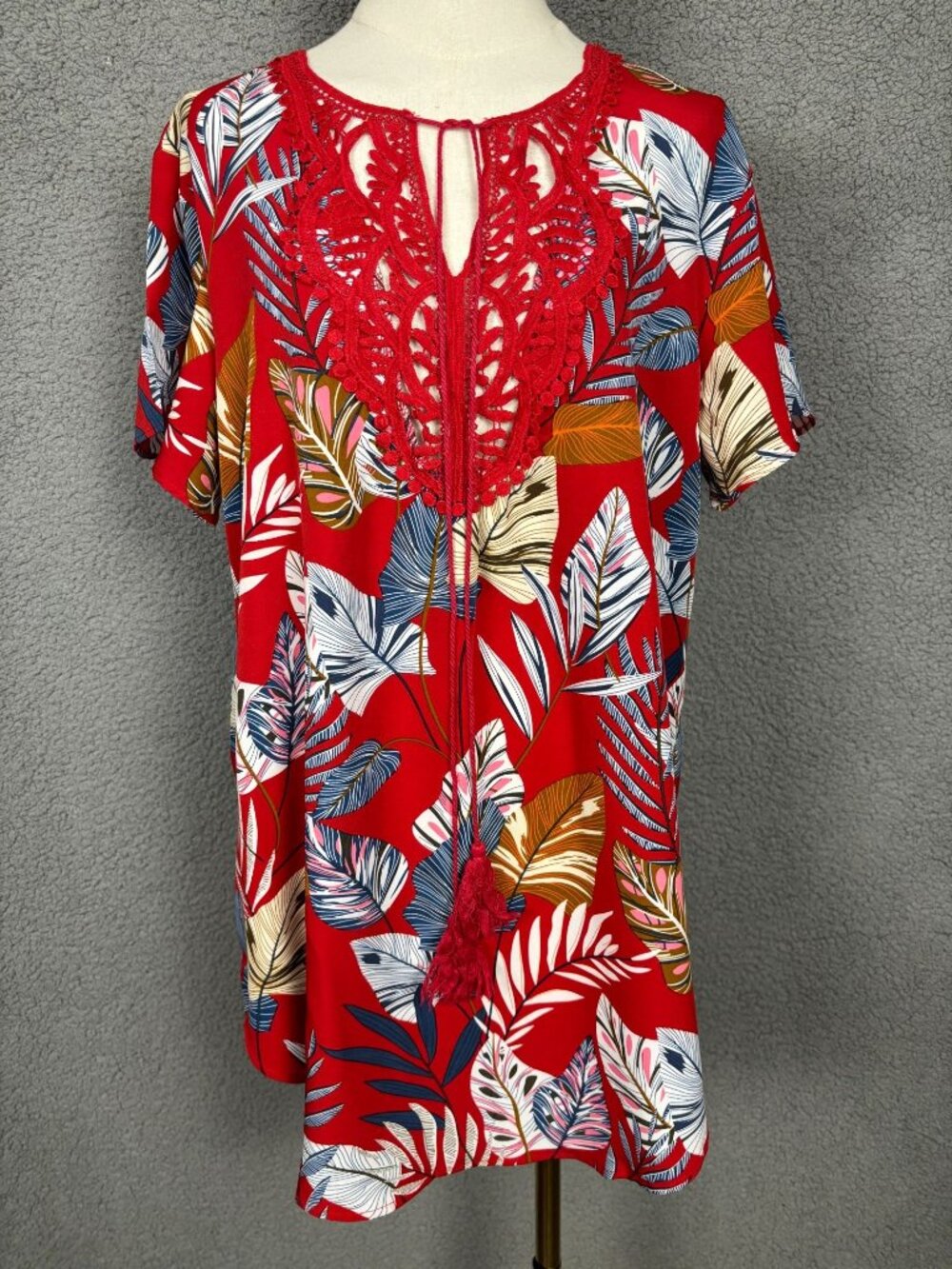 Ekouaer Women's Red Floral Short Sleeve Cover Up Crochet Lace V-Neck Small NWTs